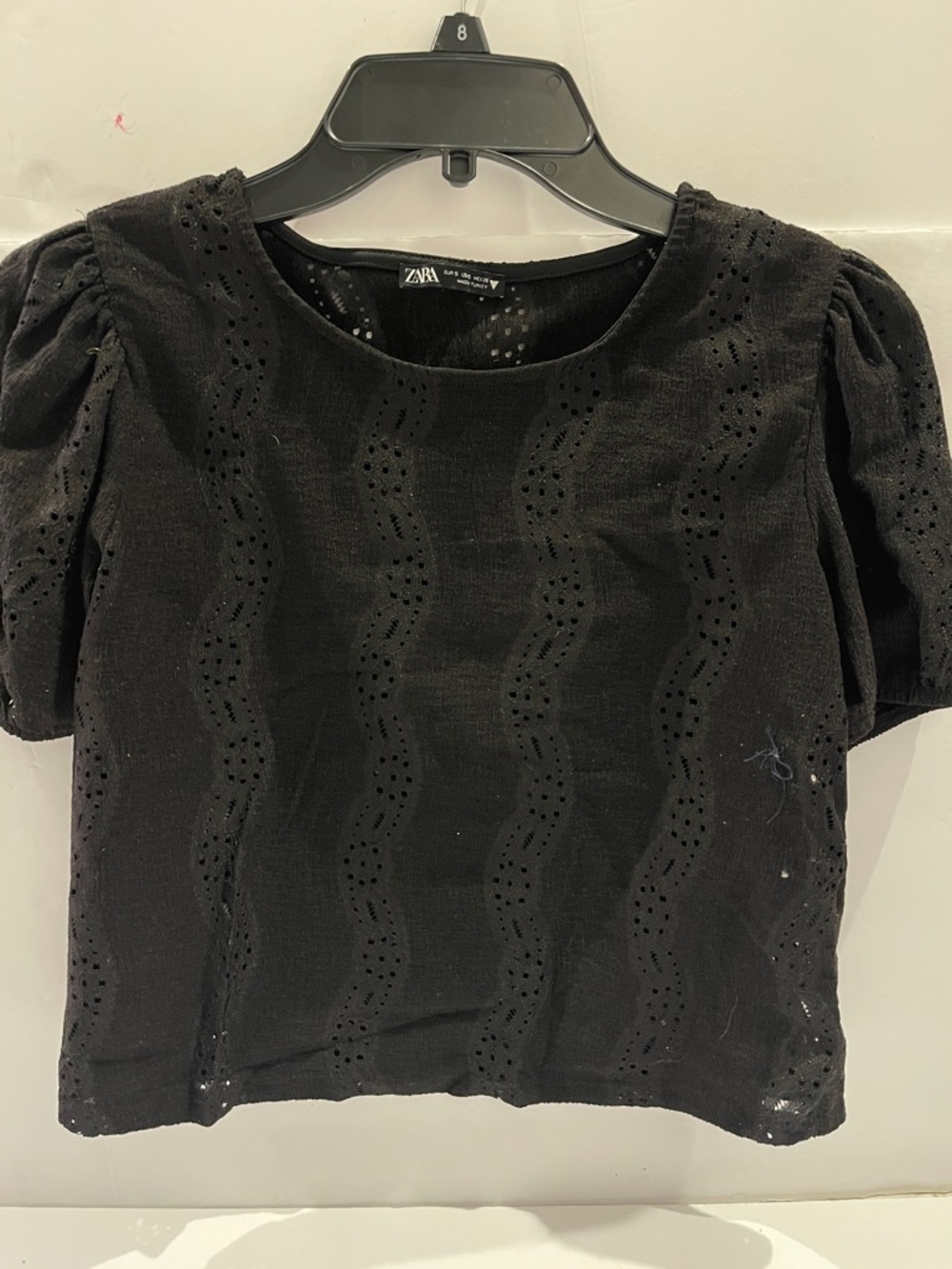 ZARA Black Eyelet Puff-Sleeve Crop Blouse